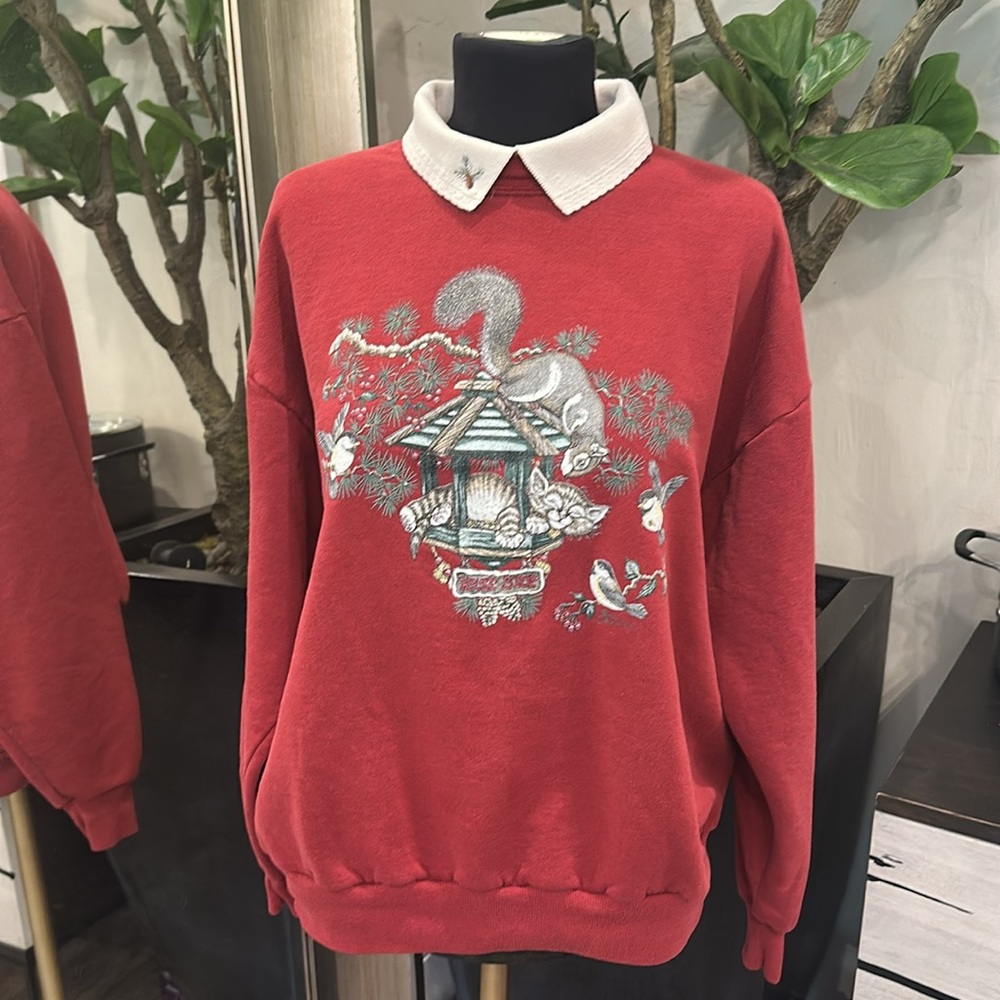 Jerzees Morning Sun Vintage Sweatshirt w Cat Bird Squirrel Embroidered Collar